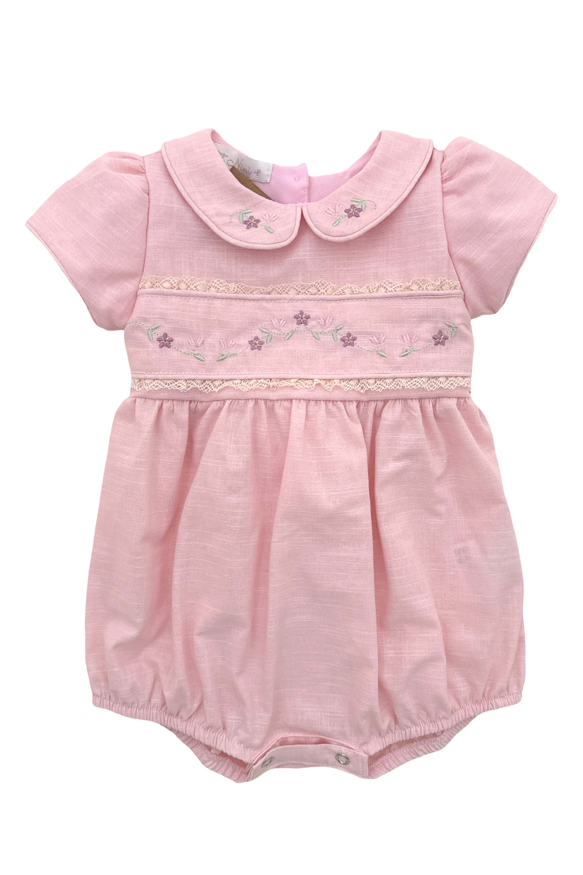 Romper Infantil de Linho Rosa com Bordados e Renda — foto 1