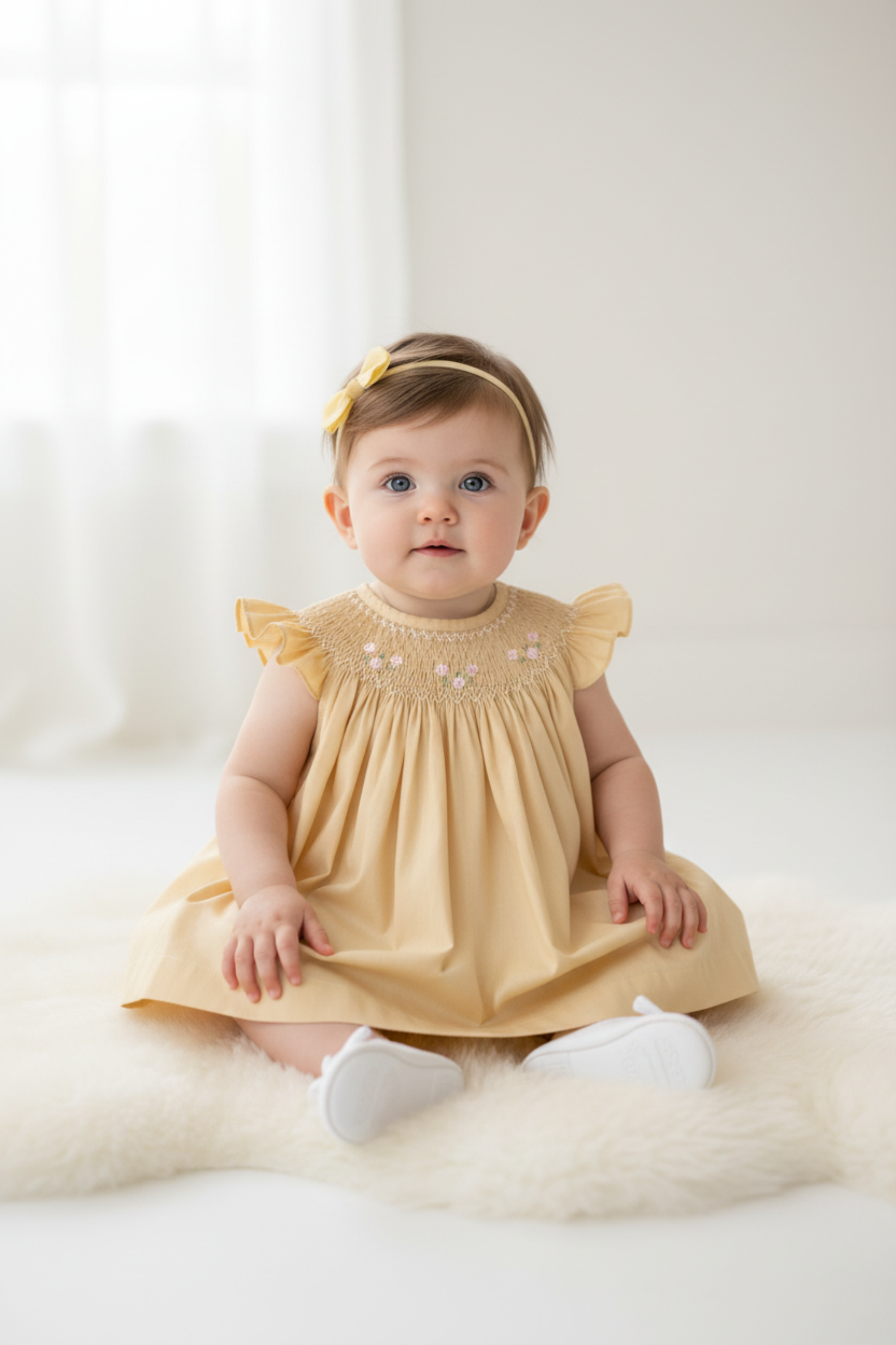 Vestido Russinho Casinha de Abelha Bebê Menina Amarelo Bordado — foto 1