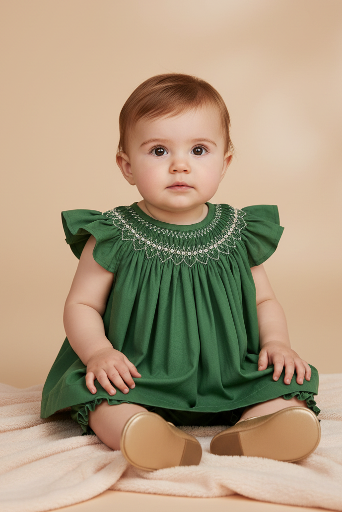 Vestido Bebê Russinho Casinha de Abelha Verde Escuro