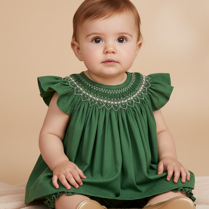 Vestido Bebê Russinho Casinha de Abelha Verde Escuro