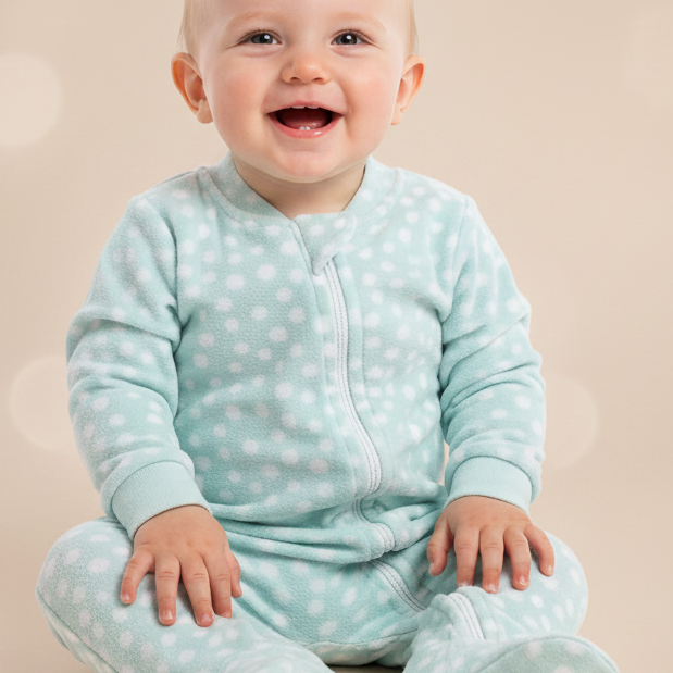 Pijama Macacão Poá com Zíper Bebê em Soft Azul