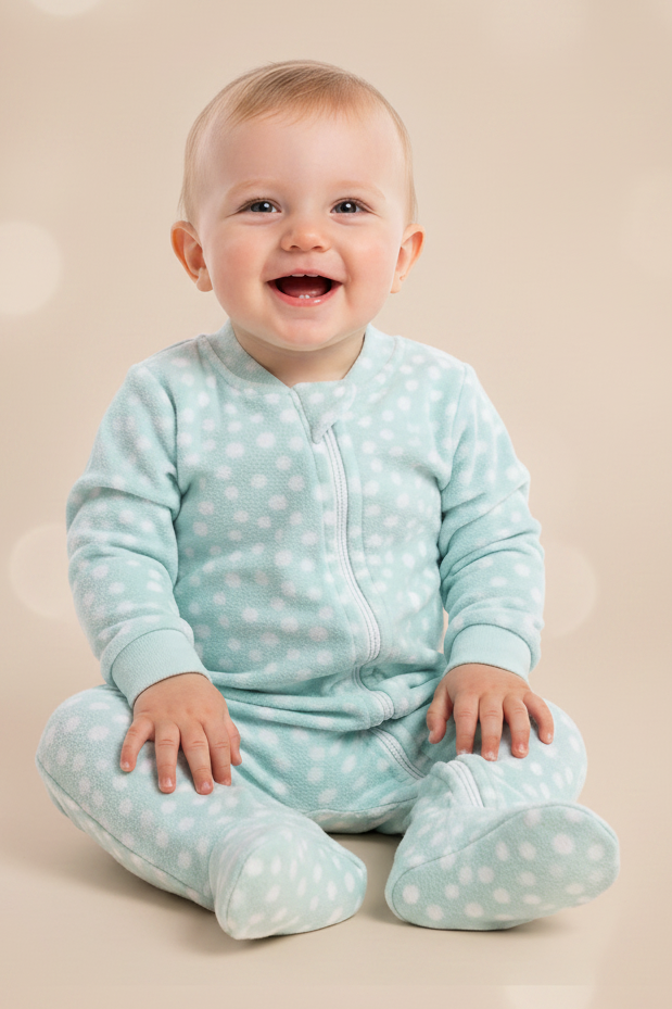 Pijama Macacão Poá com Zíper Bebê em Soft Azul
