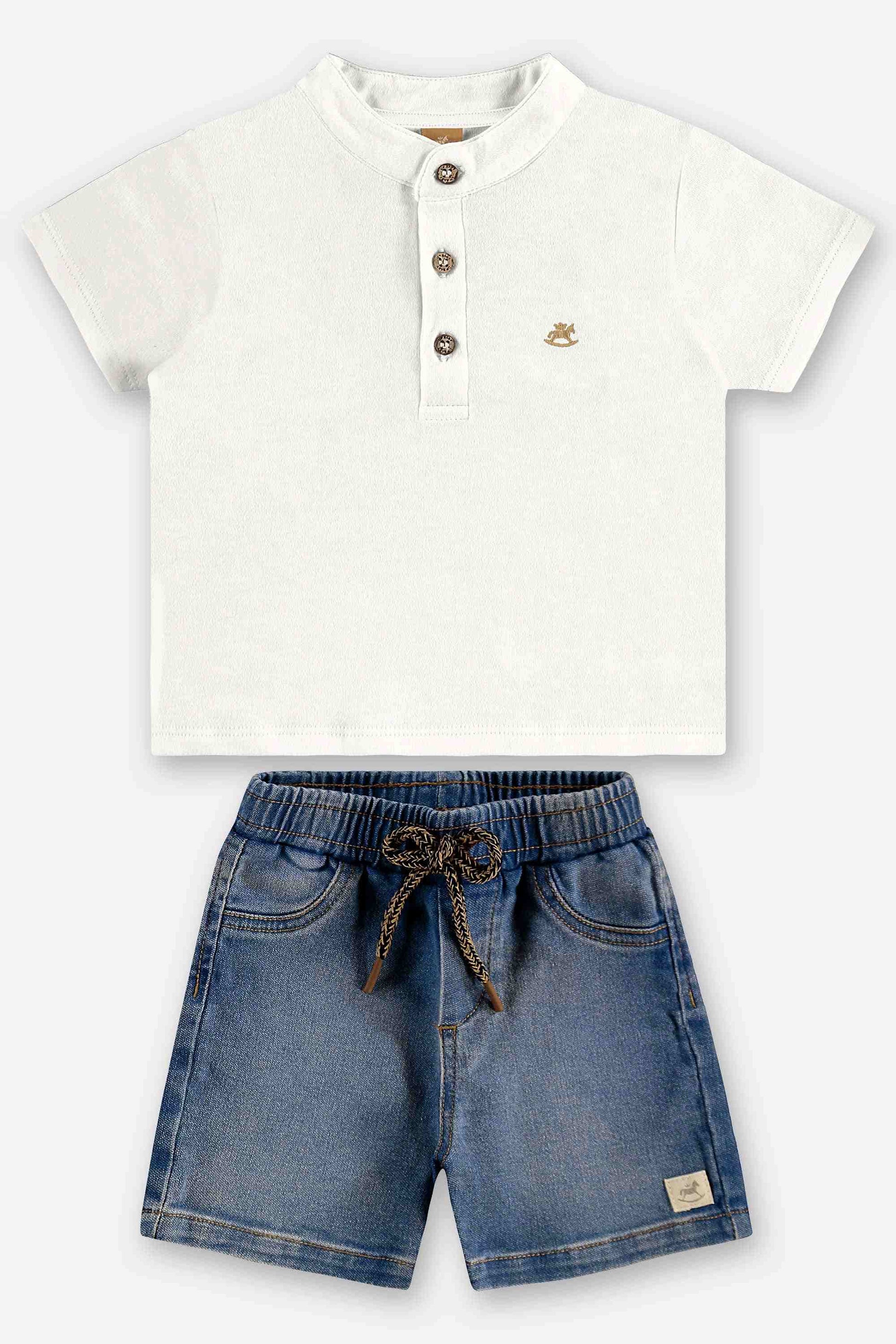 Conjunto Bebê Menino Camiseta Gola Padre Bermuda Jeans — foto 2