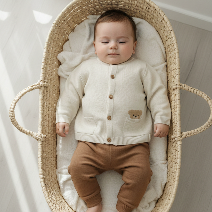 Cardigan Bebê Menino em Tricô Bolso Urso