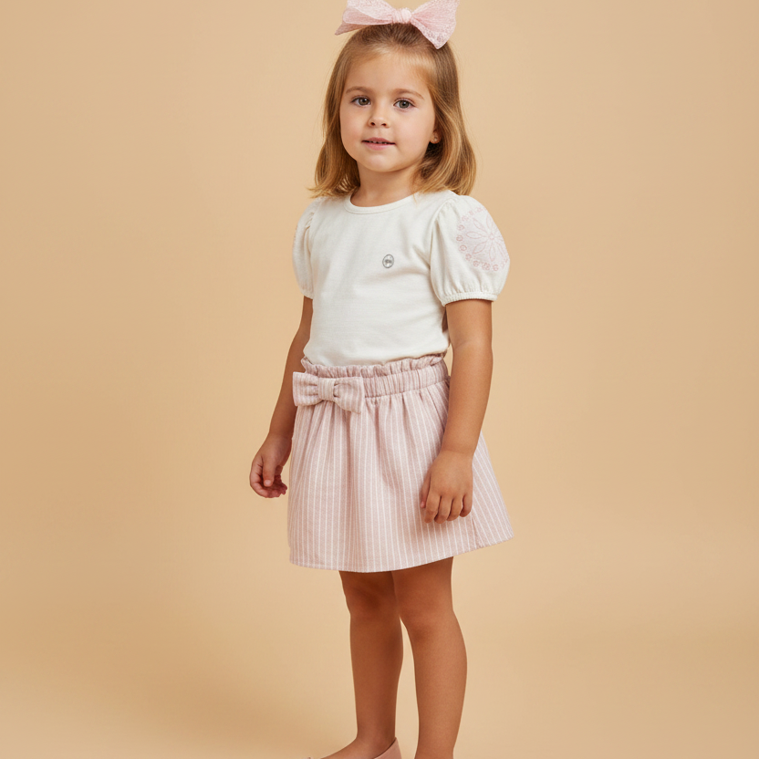 Conjunto Infantil Menina Cropped e Saia com Shorts Rosa Claro — foto 1