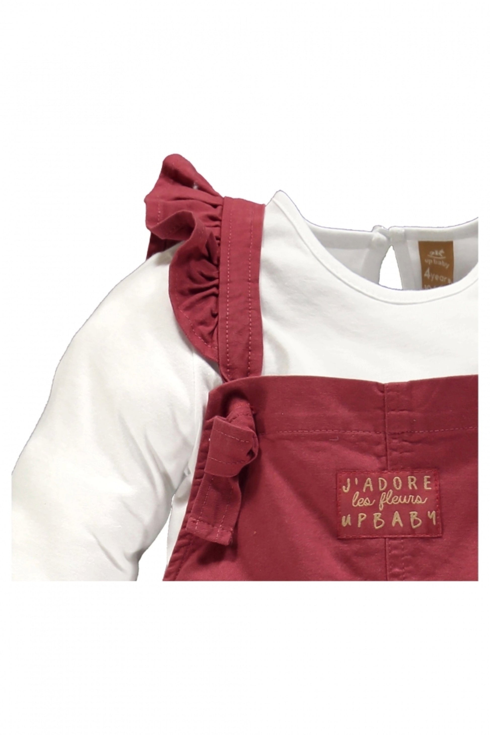 Conjunto Jardineira Vermelha em Sarja Infantil Menina Com Blusa Branca — foto 2