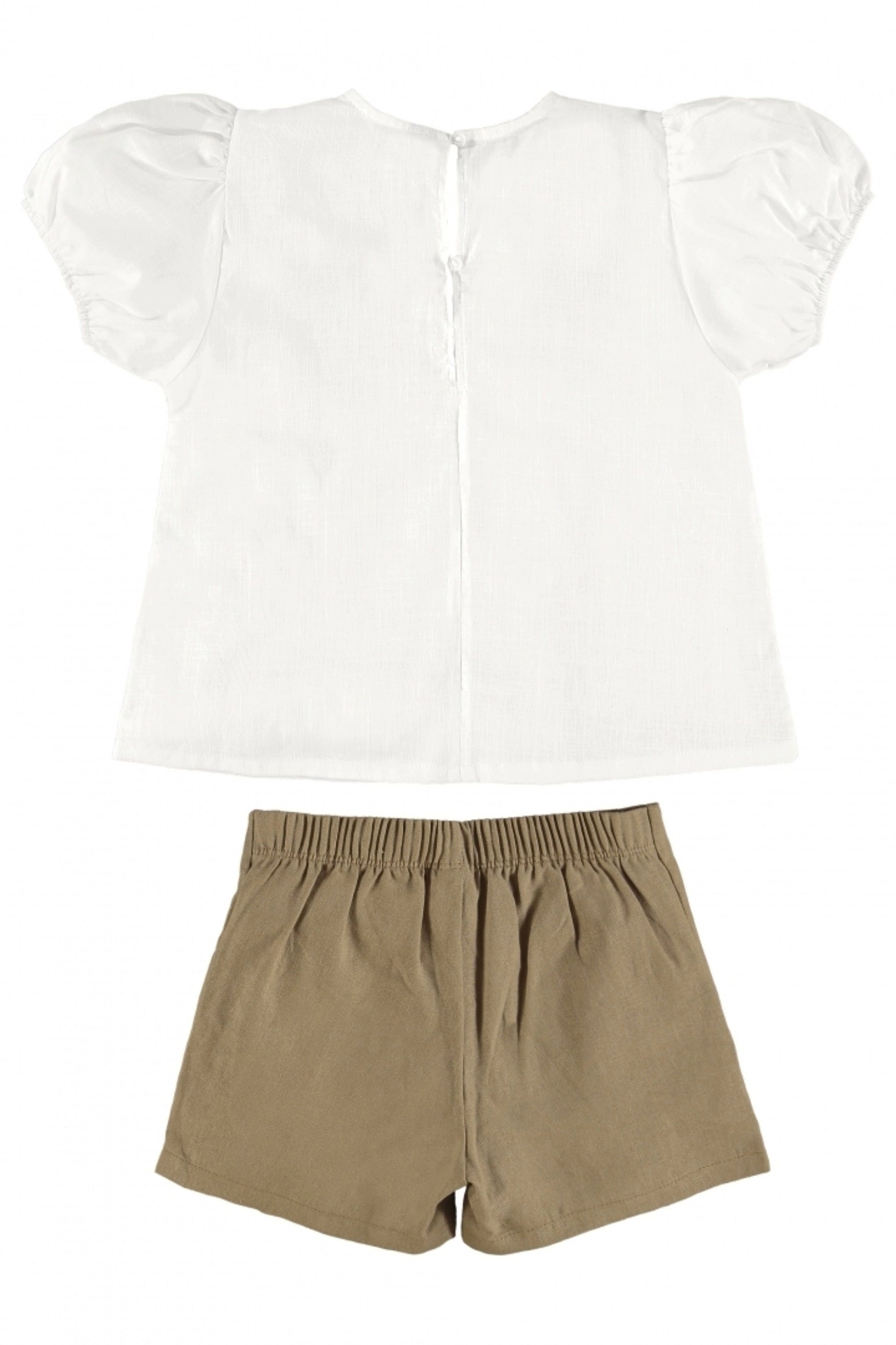Conjunto Infantil Menina Blusa e Shorts Marrom em Linho — foto 3