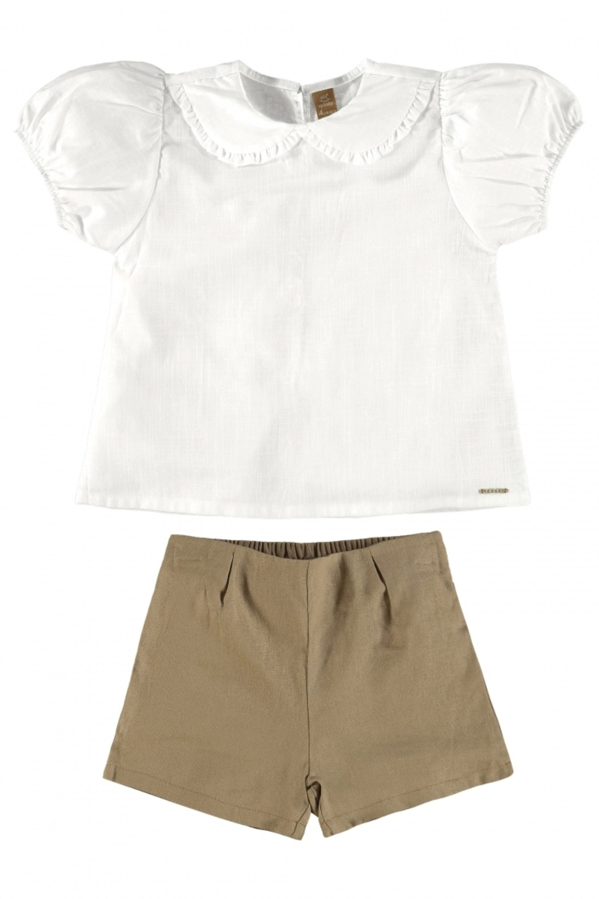 Conjunto Infantil Menina Blusa e Shorts Marrom em Linho — foto 2