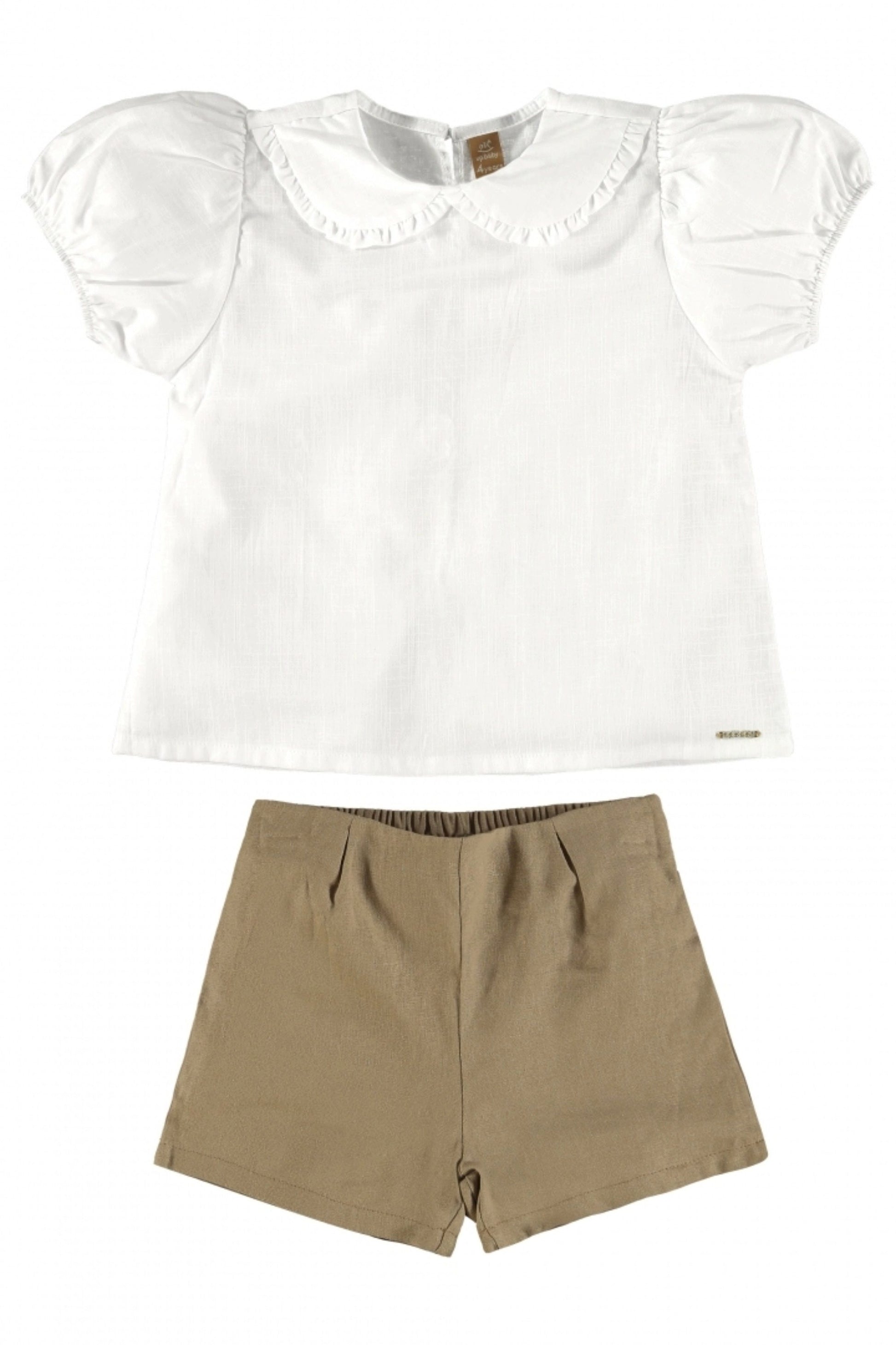 Conjunto Infantil Menina Blusa e Shorts Marrom em Linho — foto 2