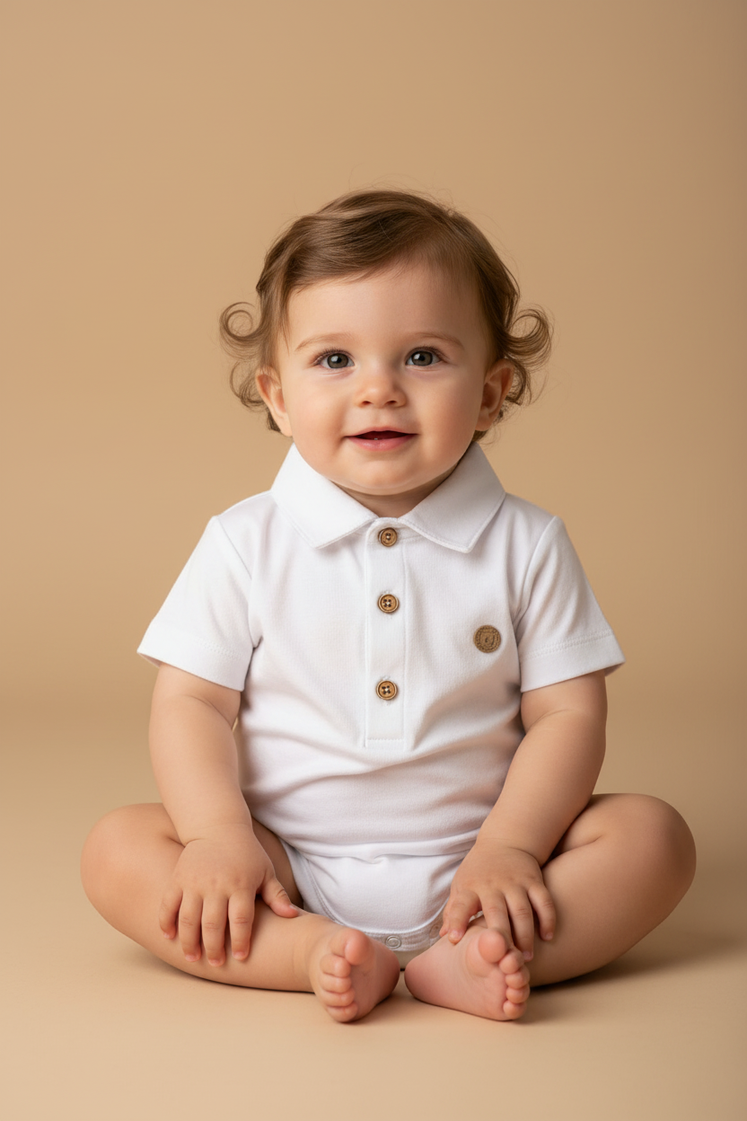 Body Polo Bebê Menino Suedine Manga Curta Branco
