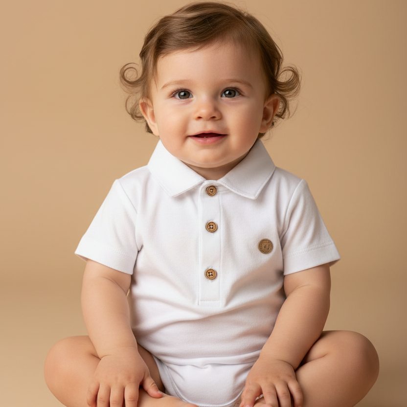 Body Polo Bebê Menino Suedine Manga Curta Branco