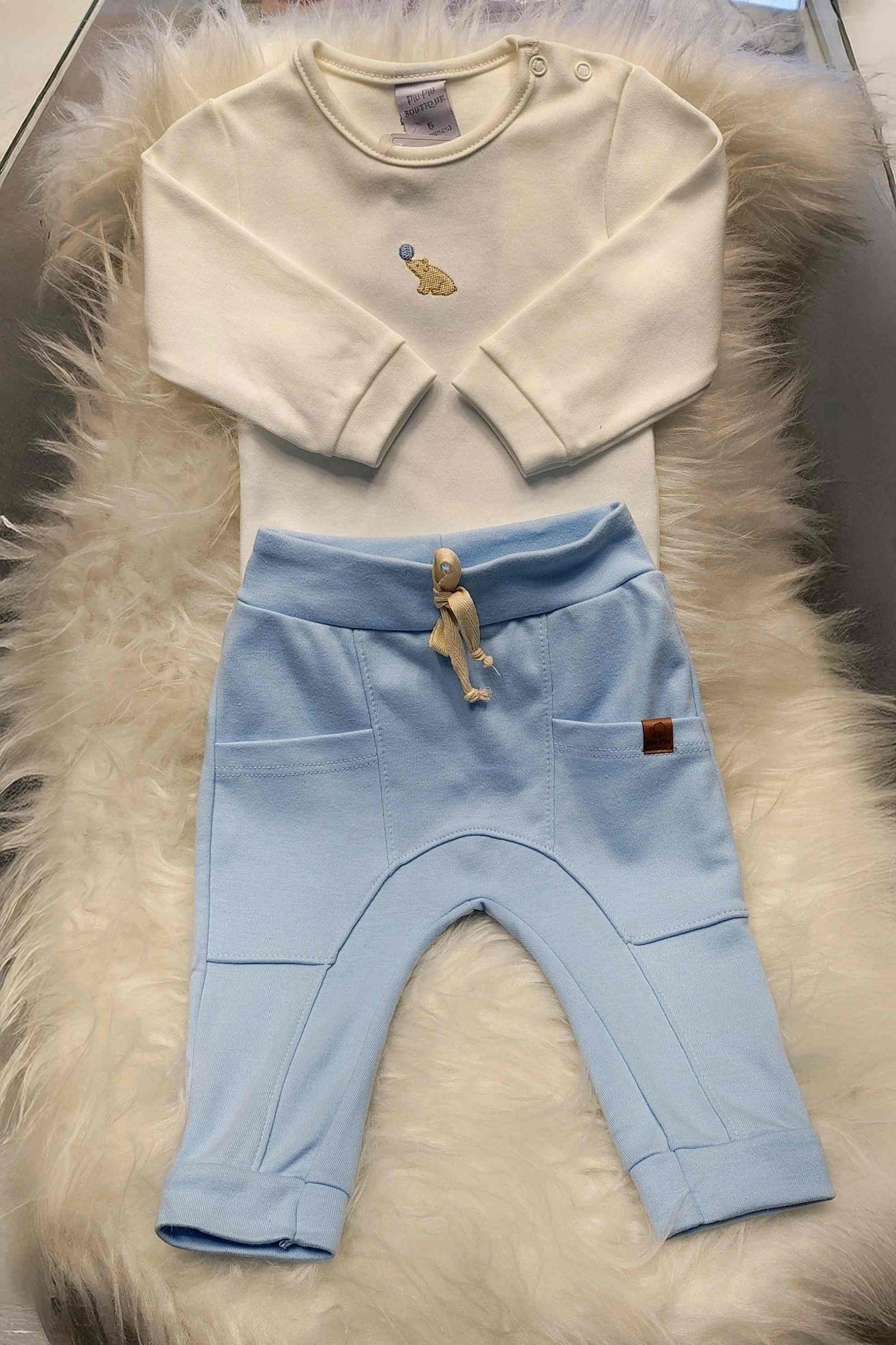 Conjunto para Bebê em Algodão Egípcio - Calça e Body Bordado Ursinho