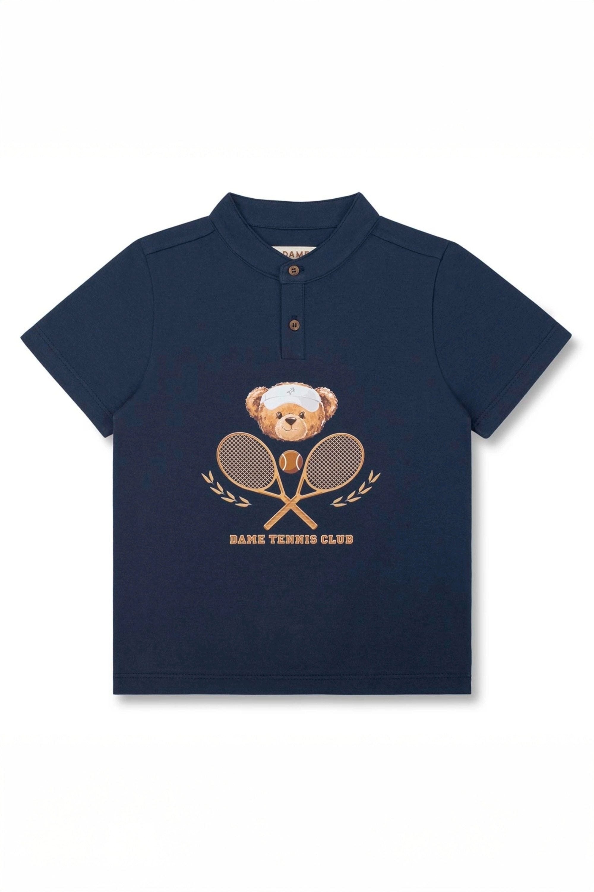 Camiseta Gola Padre Manga Curta Urso Teddy Tênis Azul Marinho Piqué — foto 2