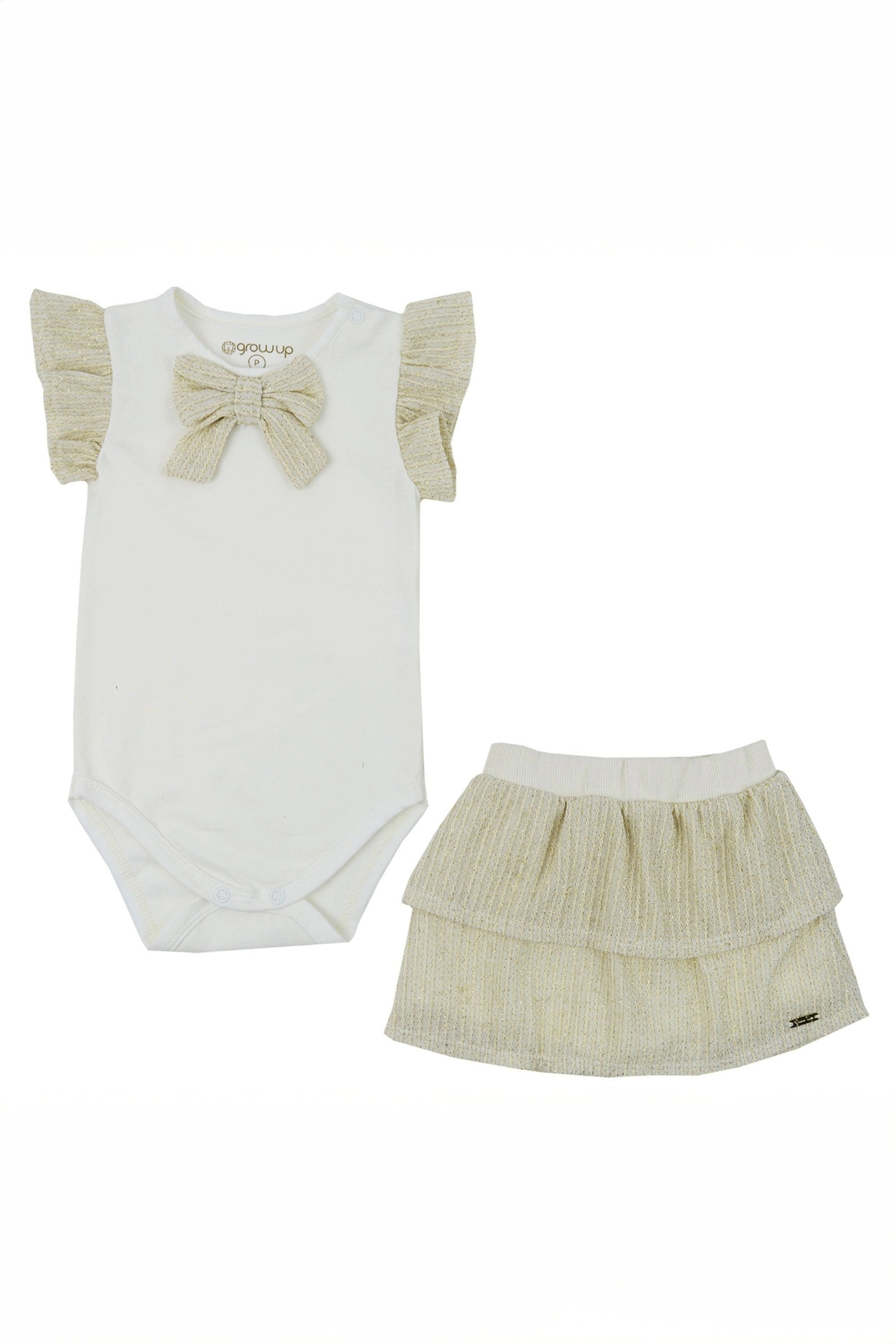 Conjunto Bebê Menina Body e Saia Laço Shine Bege — foto 2