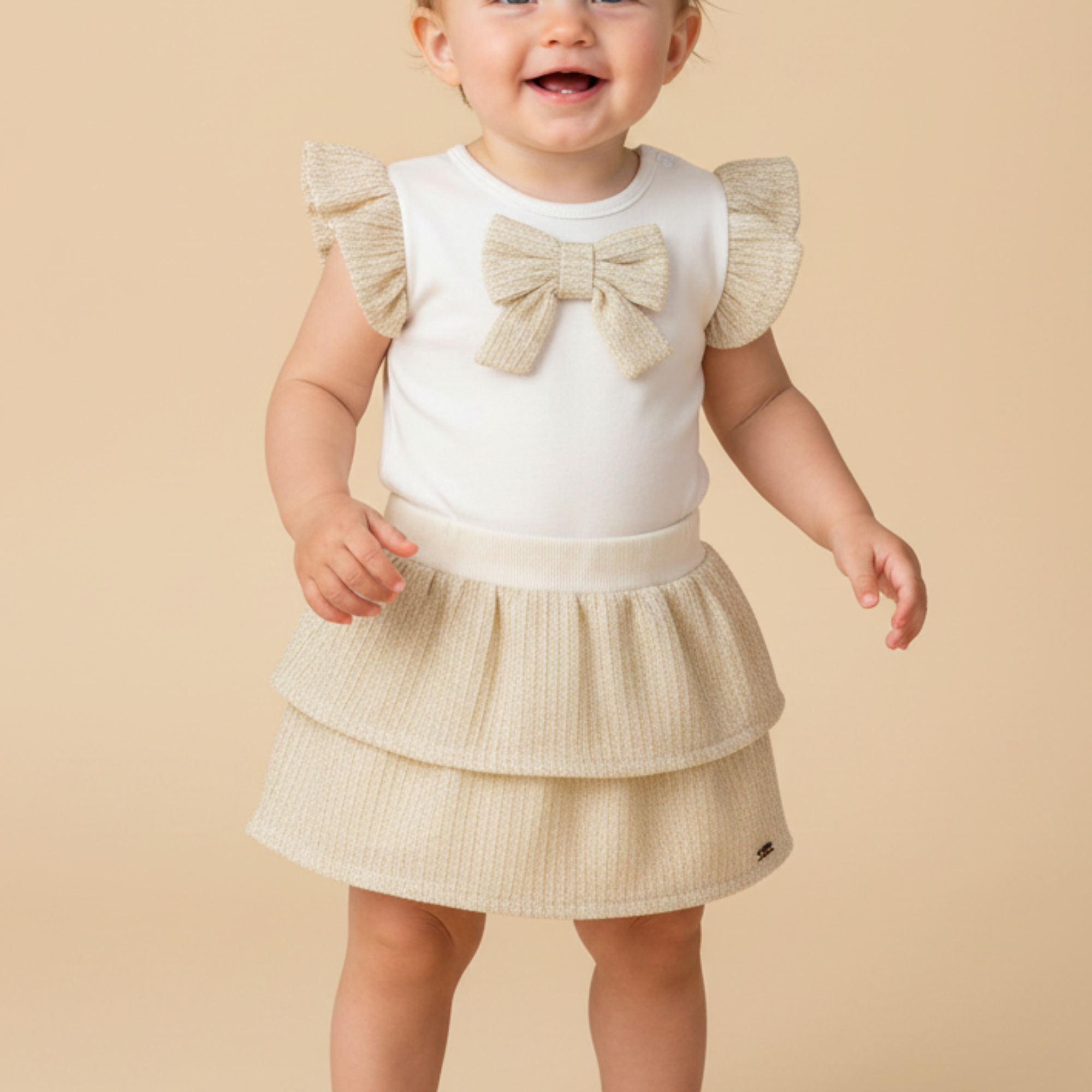 Conjunto Bebê Menina Body e Saia Laço Shine Bege