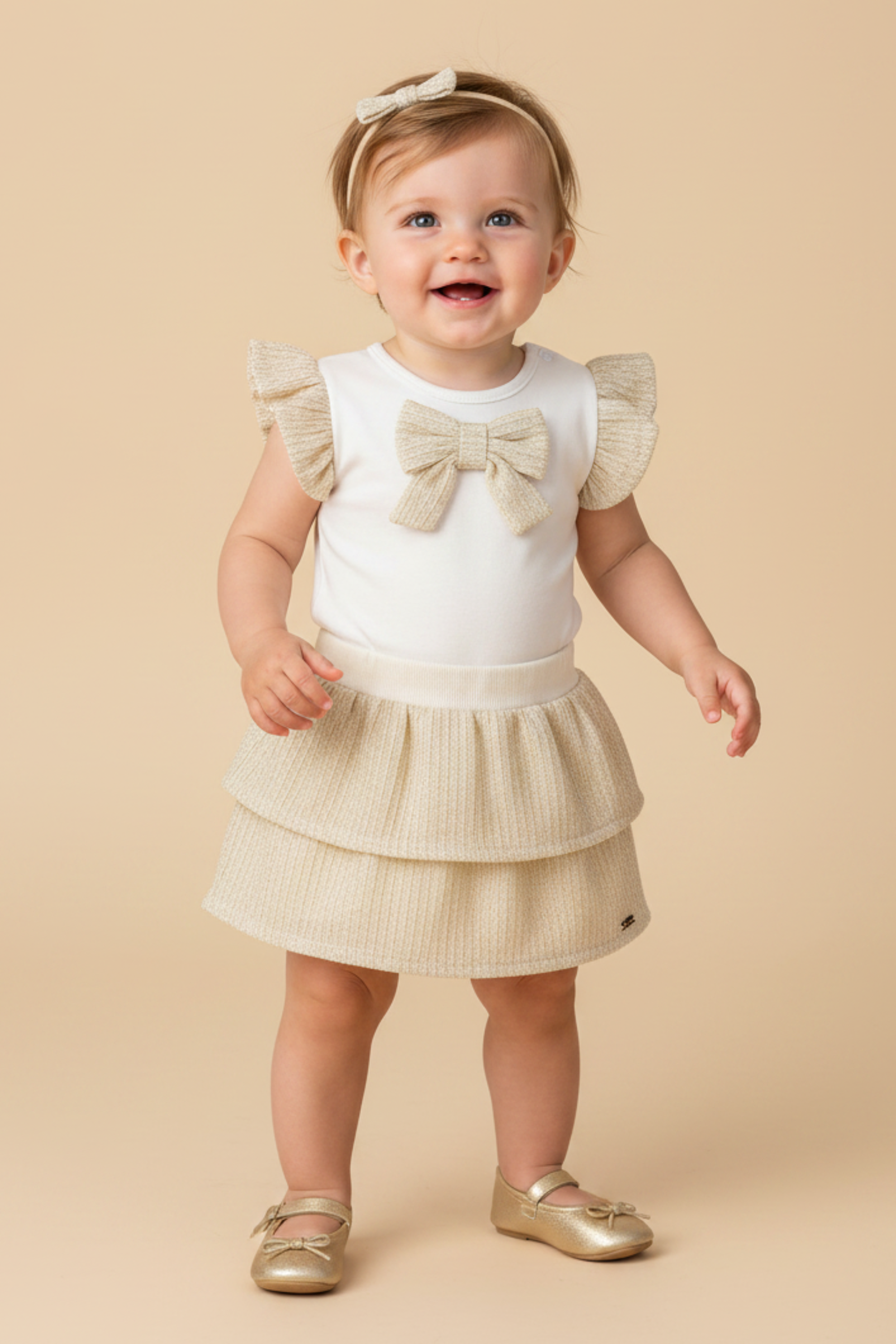 Conjunto Bebê Menina Body e Saia Laço Shine Bege