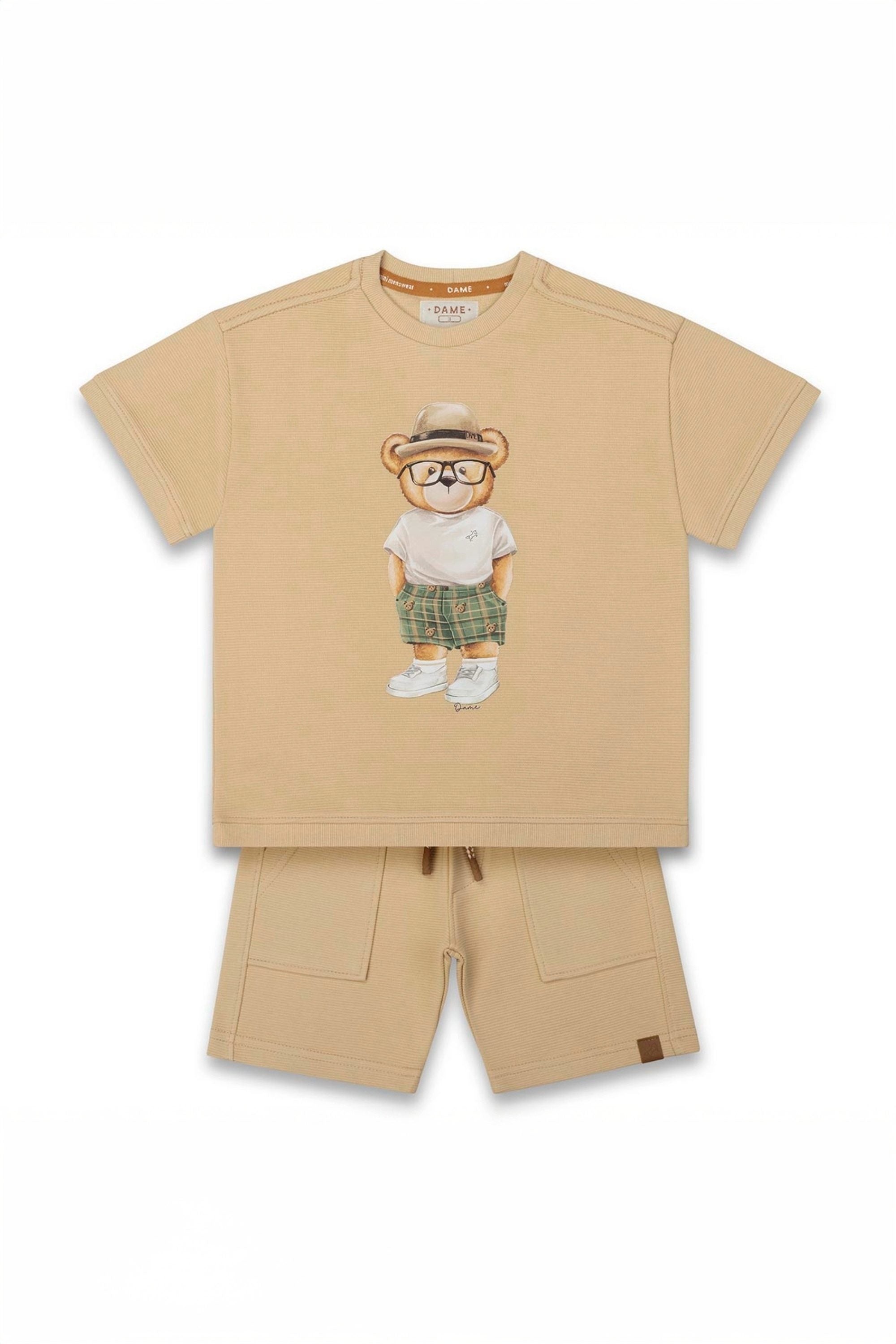 Conjunto Infantil Menino Camiseta e Bermuda Urso Teddy Chapéu Bege — foto 2