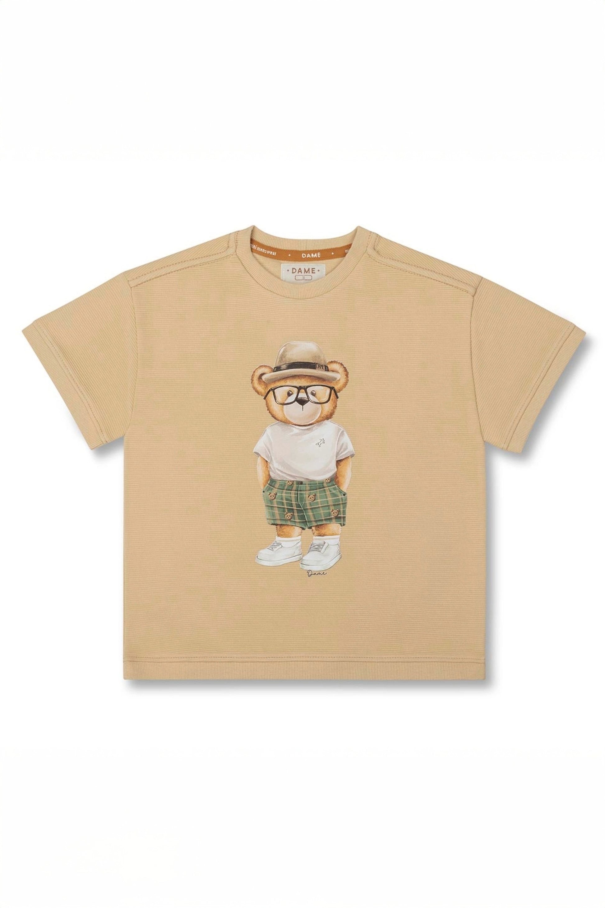 Conjunto Infantil Menino Camiseta e Bermuda Urso Teddy Chapéu Bege — foto 3
