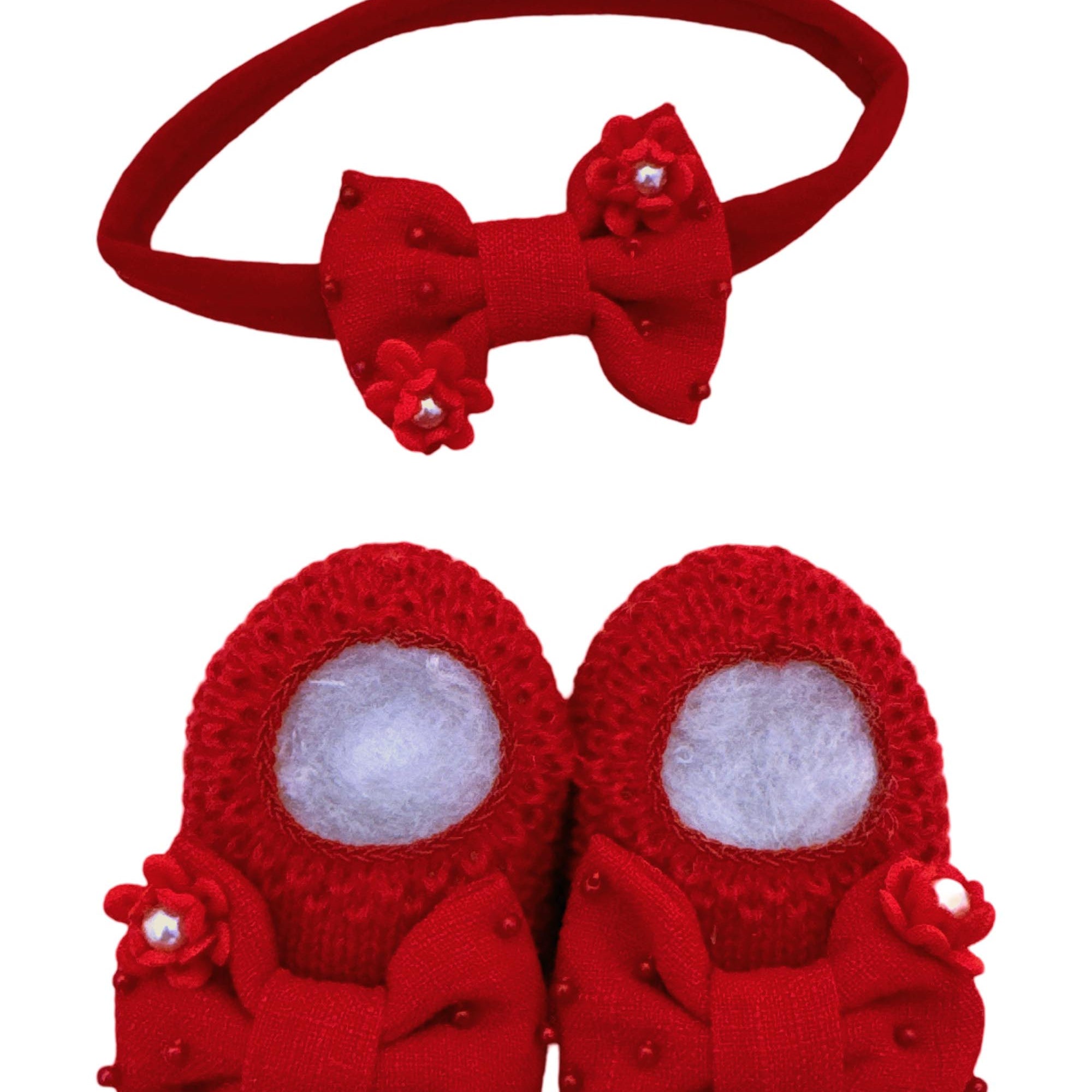 Kit Sapatinho Tricô Flor e Faixa Vermelho — foto 1