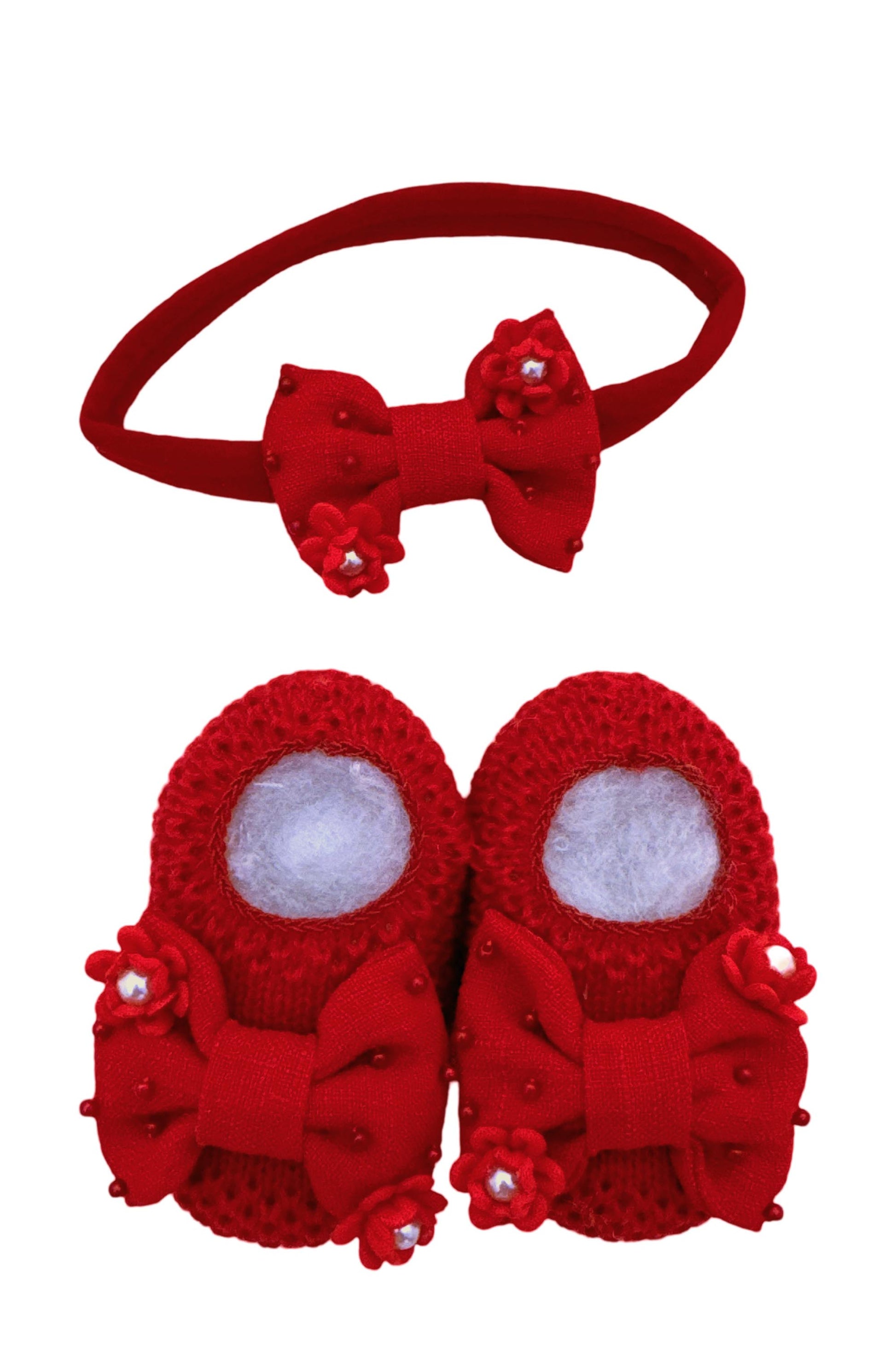 Kit Sapatinho Tricô Flor e Faixa Vermelho — foto 1