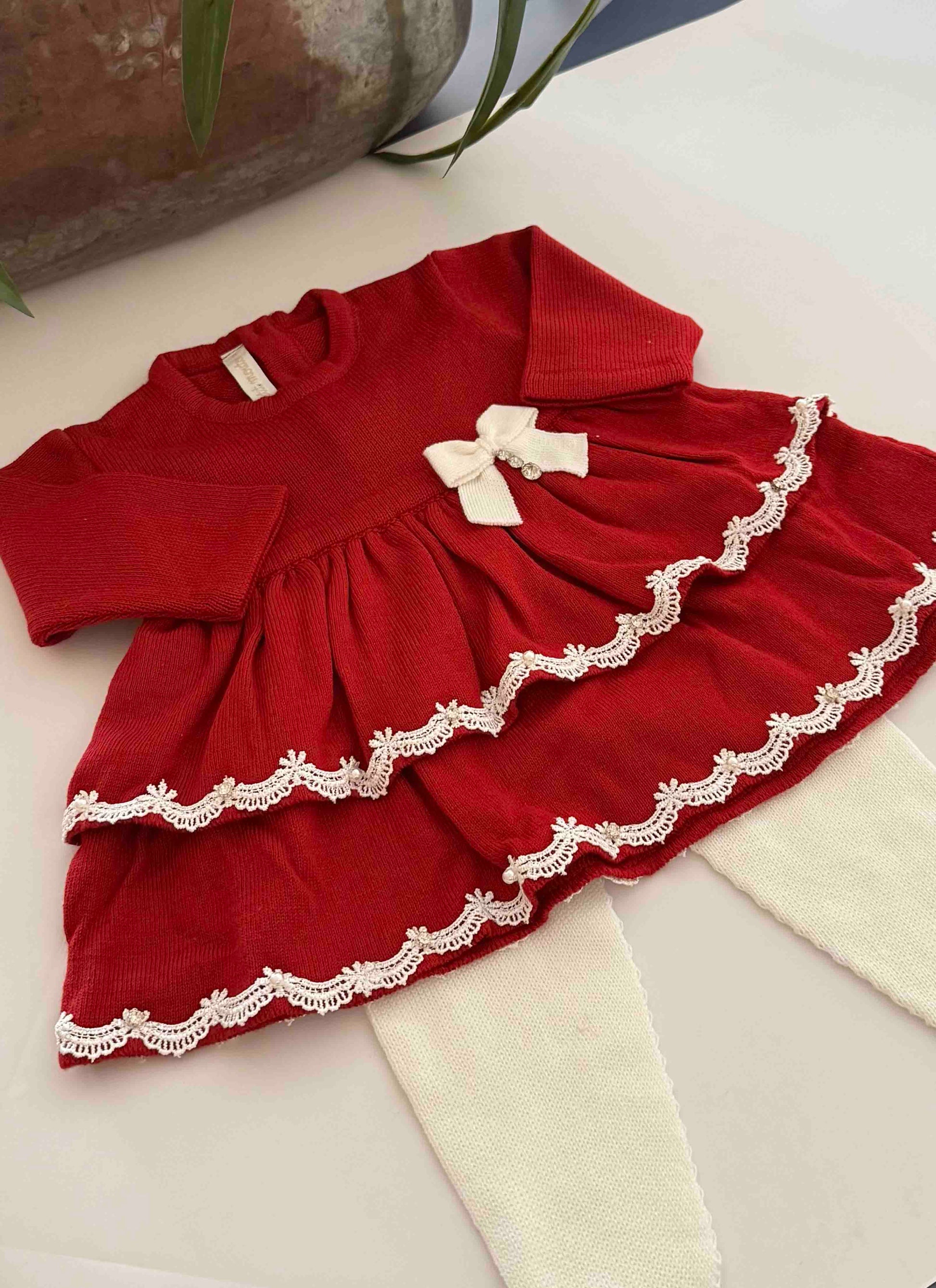 Saída de Maternidade Tricot Luxo Vermelho 2 Babados e Renda