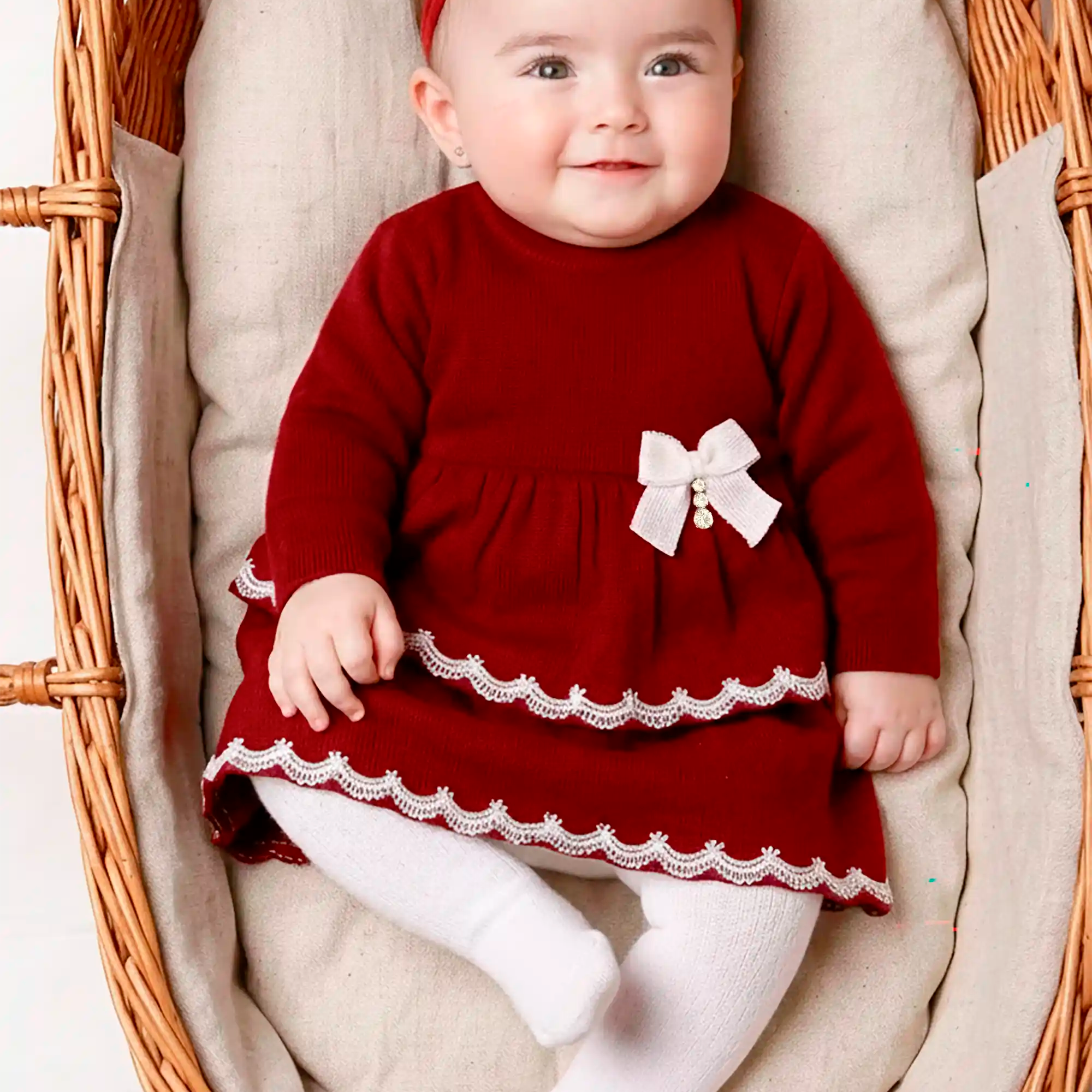 Saída de Maternidade Tricot Luxo Vermelho 2 Babados e Renda — foto 1
