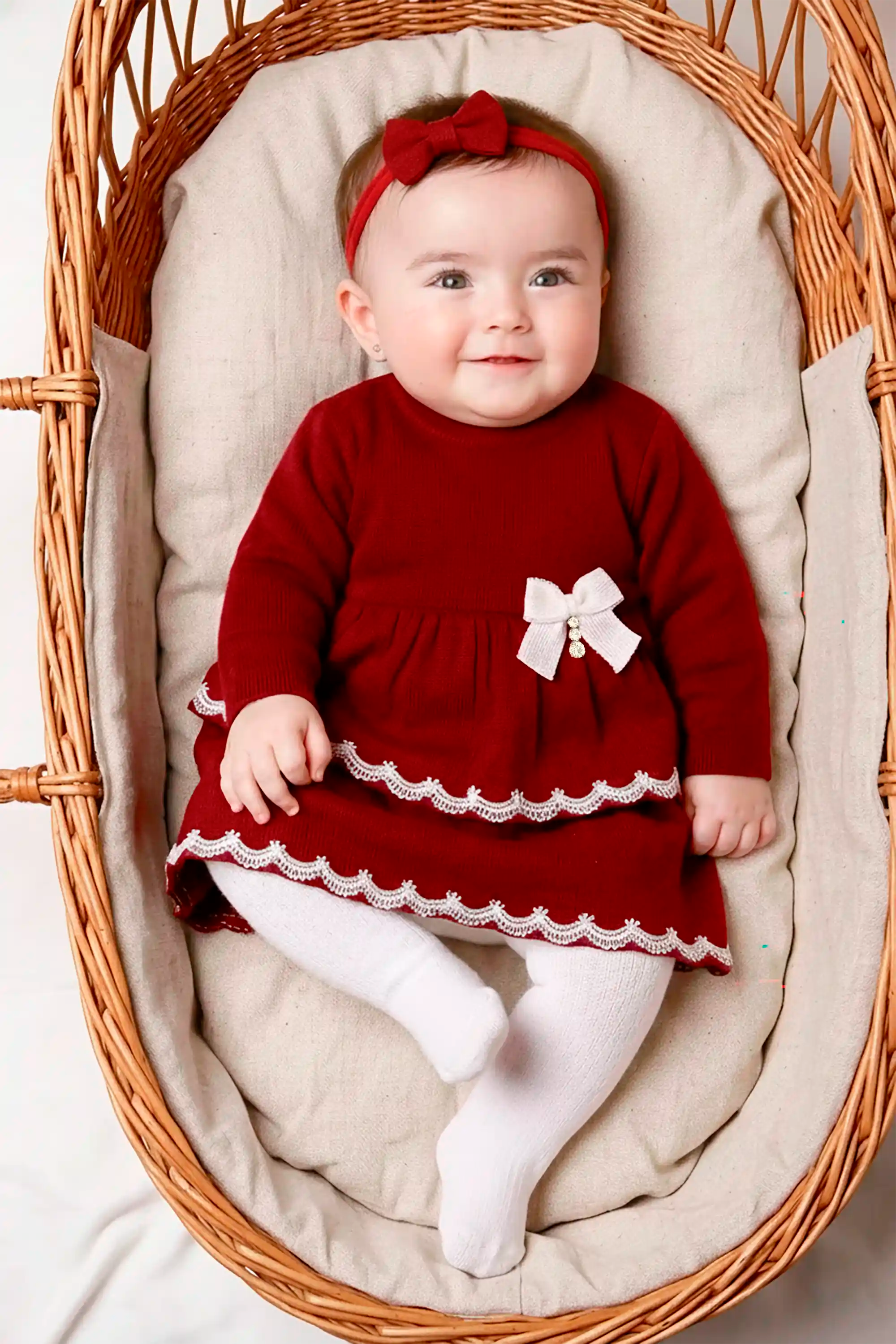 Saída de Maternidade Tricot Luxo Vermelho 2 Babados e Renda — foto 1