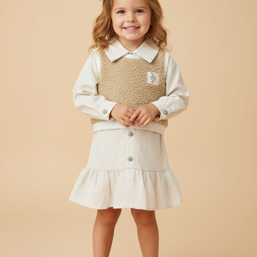Conjunto Vestido Camisa e Colete Infantil Creme — foto 1
