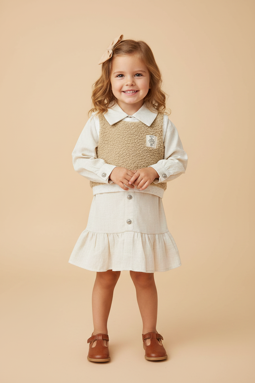 Conjunto Vestido Camisa e Colete Infantil Creme — foto 1