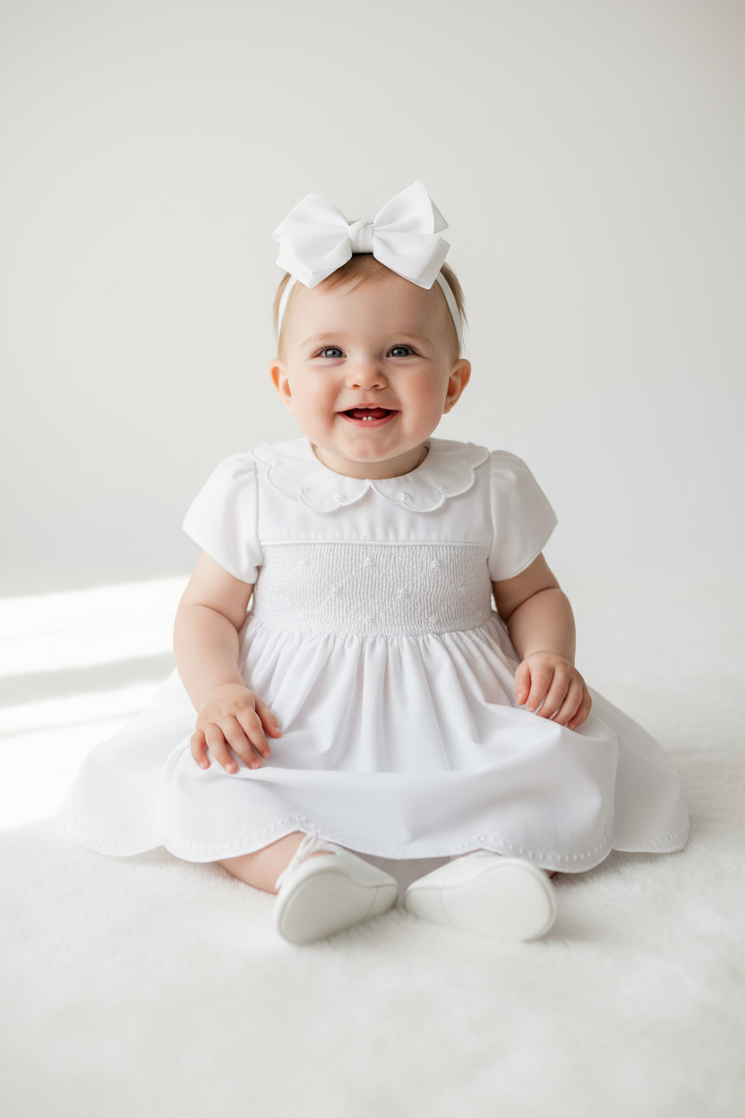 Vestido Infantil Casinha de Abelha com Gola Festonê Branco