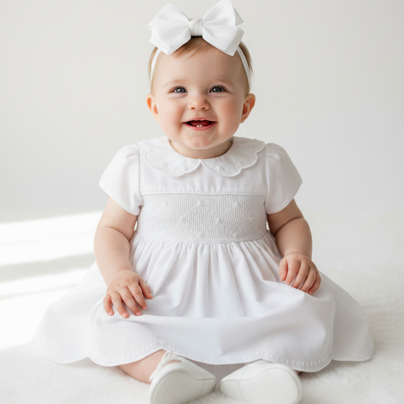 Vestido Infantil Casinha de Abelha com Gola Festonê Branco
