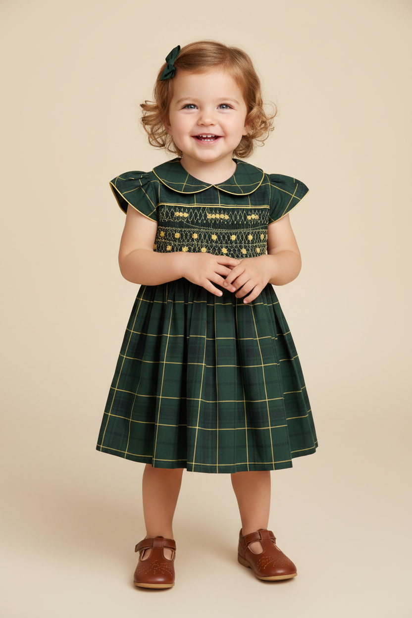 Vestido Infantil Casinha de Abelha Xadrez Verde — foto 1
