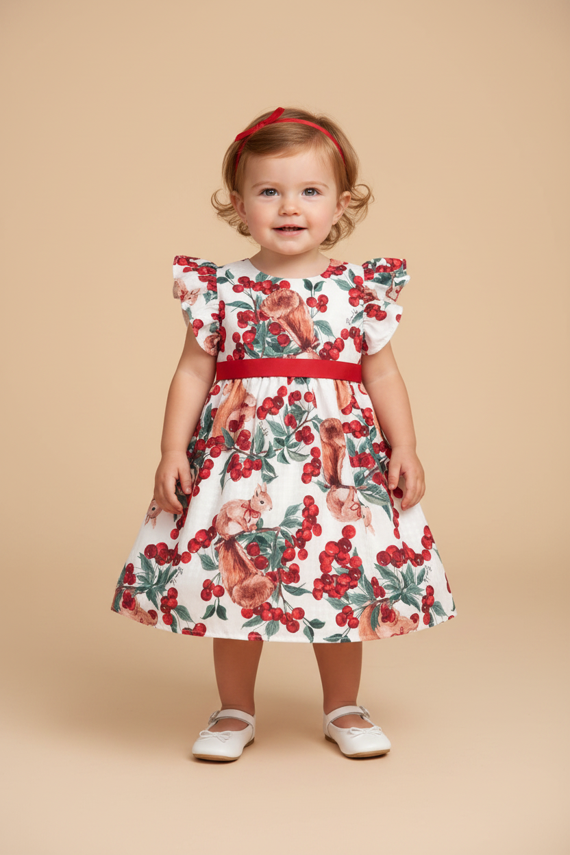 Vestido Infantil Cherry Celebration Estampa Esquilo e Cerejas — foto 1