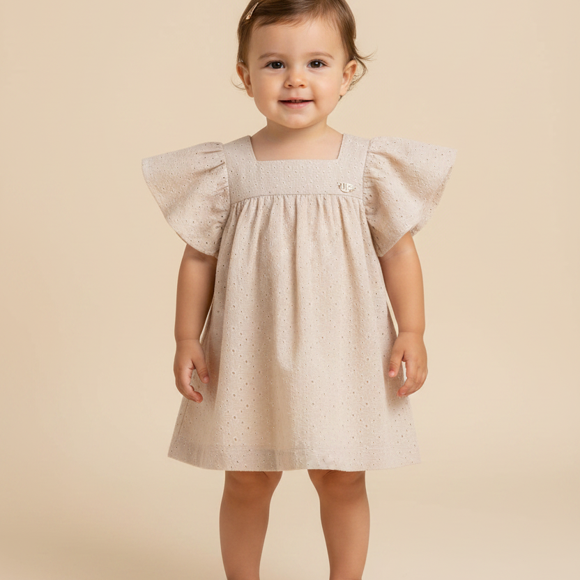 Vestido em Laise e Voil Off White para Bebês