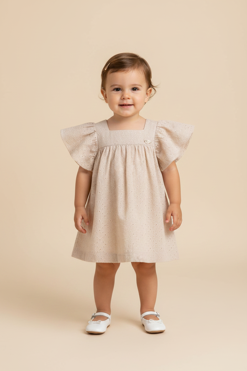 Vestido em Laise e Voil Off White para Bebês