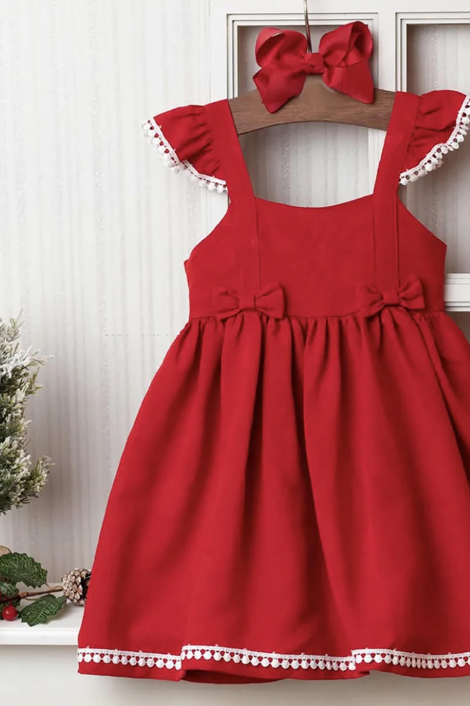 Vestido de Linho Vermelho com Alça Babado e Guipir — foto 2