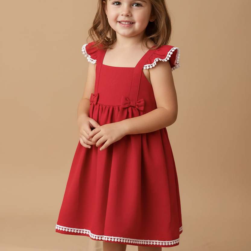 Vestido de Linho Vermelho com Alça Babado e Guipir — foto 1