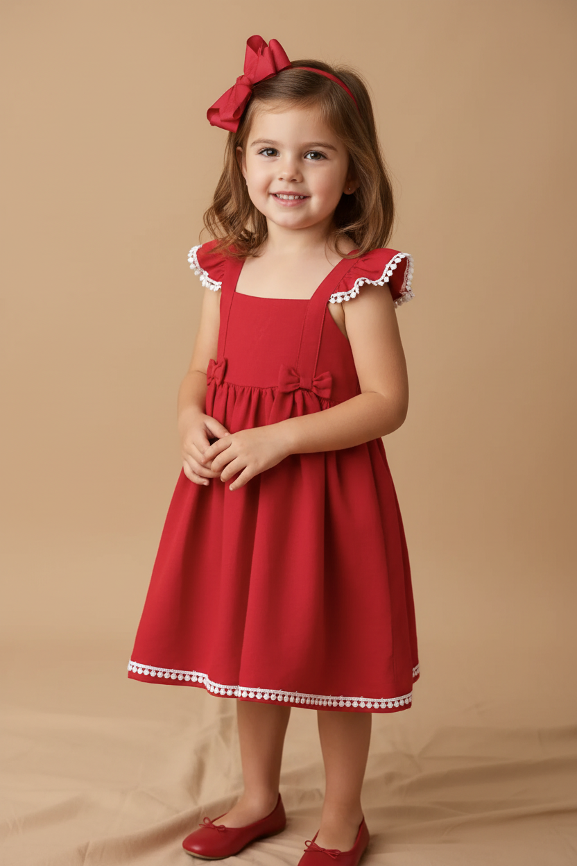 Vestido de Linho Vermelho com Alça Babado e Guipir — foto 1