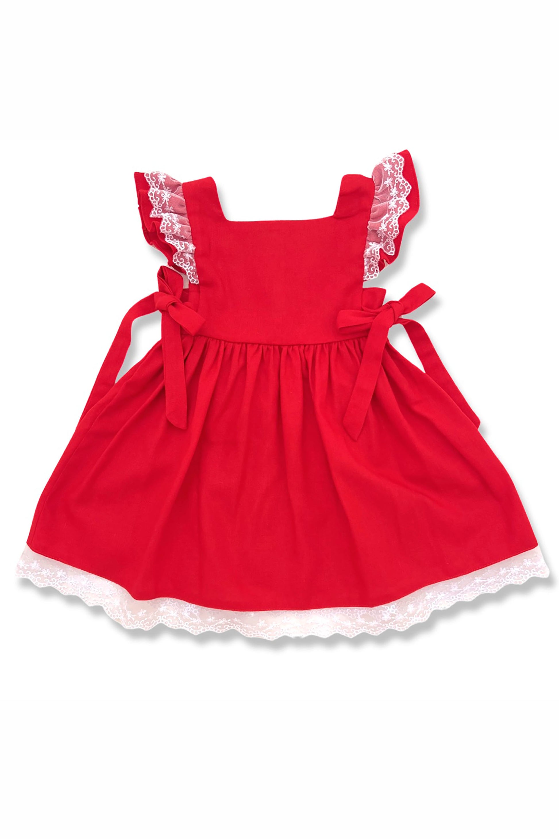 Vestido Infantil 2 Laços de Linho Vermelho com Renda — foto 3