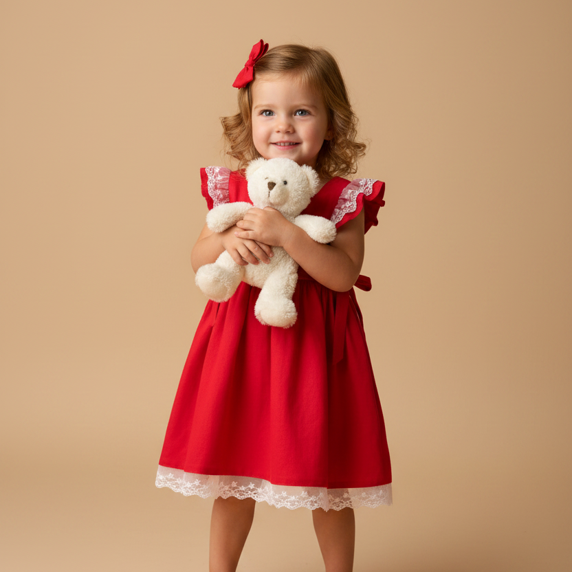 Vestido Infantil 2 Laços de Linho Vermelho com Renda — foto 1
