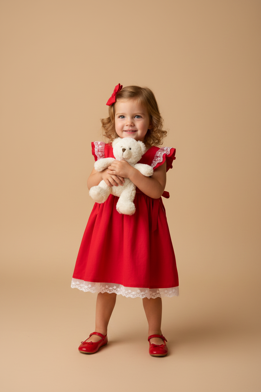 Vestido Infantil 2 Laços de Linho Vermelho com Renda — foto 1