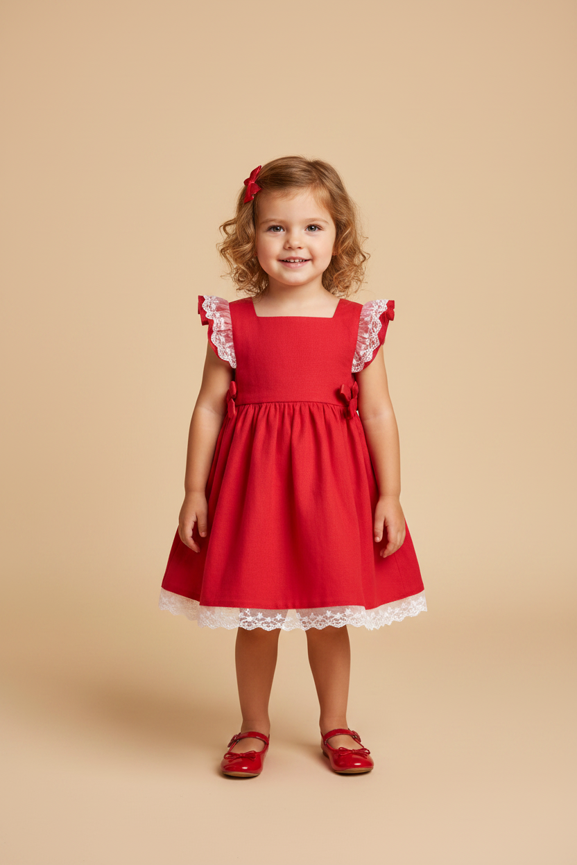 Vestido Infantil 2 Laços de Linho Vermelho com Renda — foto 4