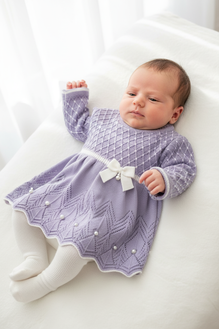 Saída de Maternidade Vestido Casinha de Abelha Lilás — foto 1