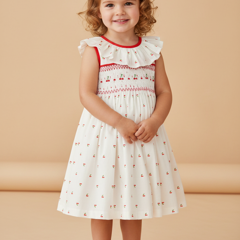 Vestido Infantil Casinha de Abelha Tricoline Cerejas — foto 1