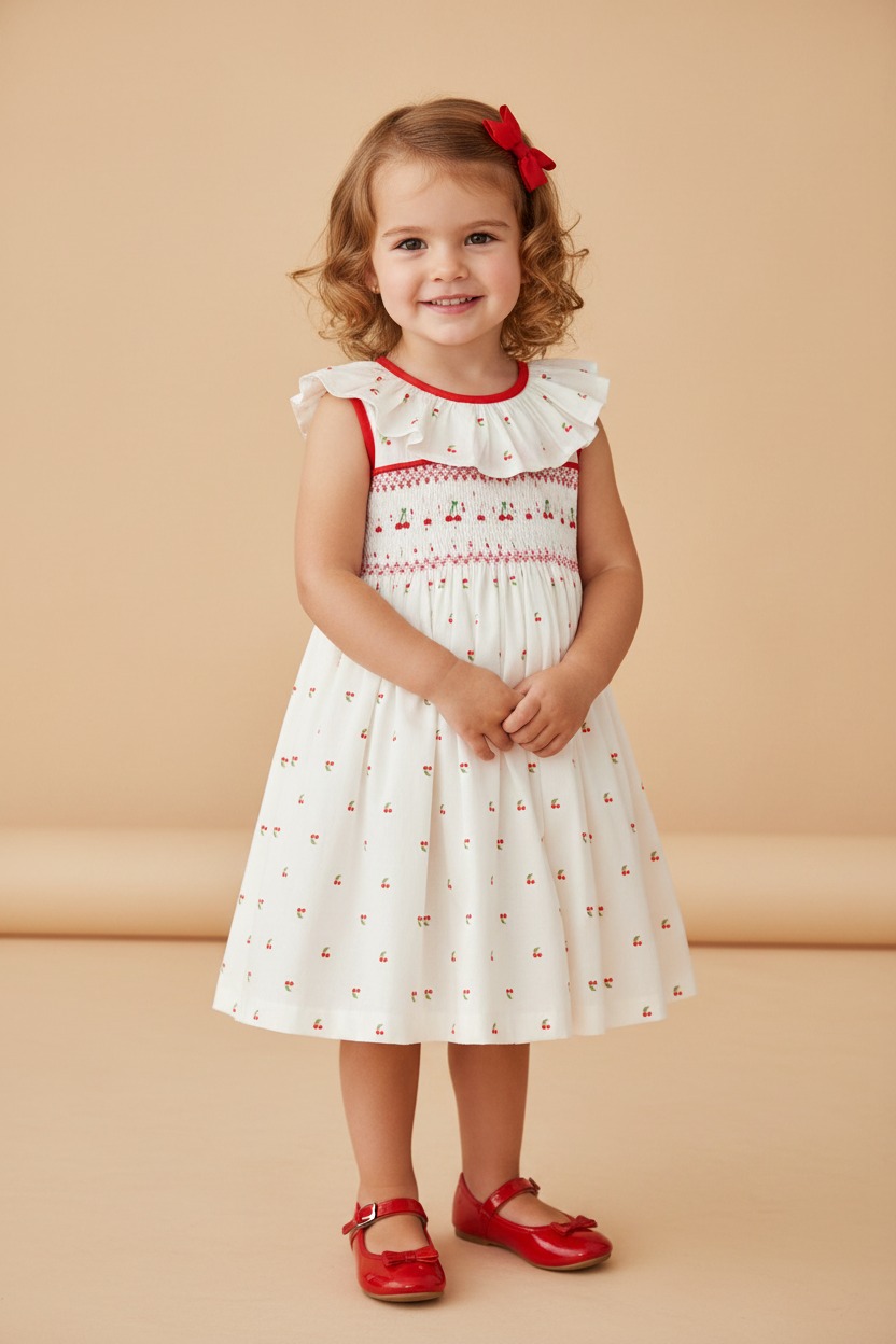 Vestido Infantil Casinha de Abelha Tricoline Cerejas — foto 1