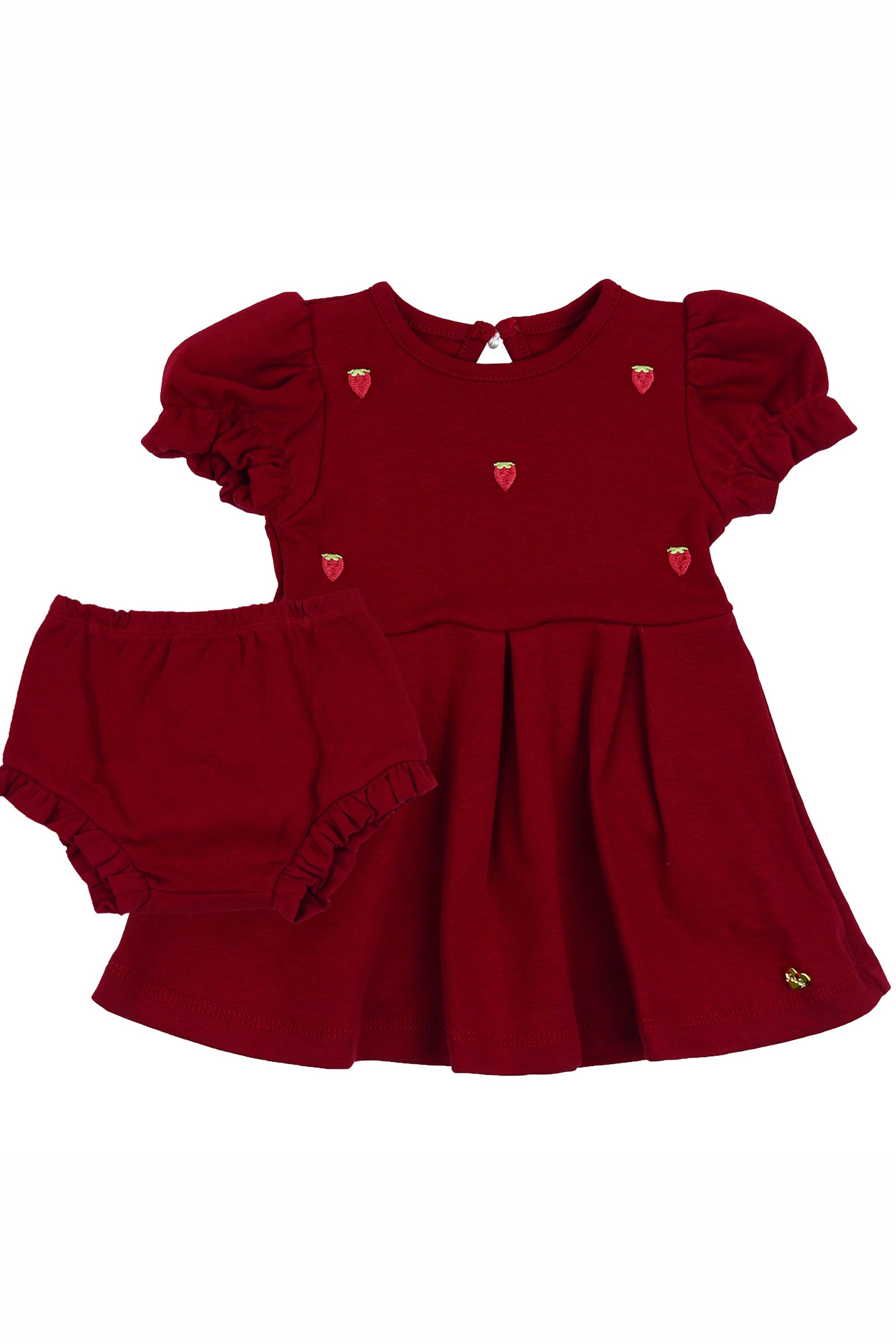 Vestido Vermelho Infantil com Bordado de Morangos Suedine 100% Algodão — foto 2