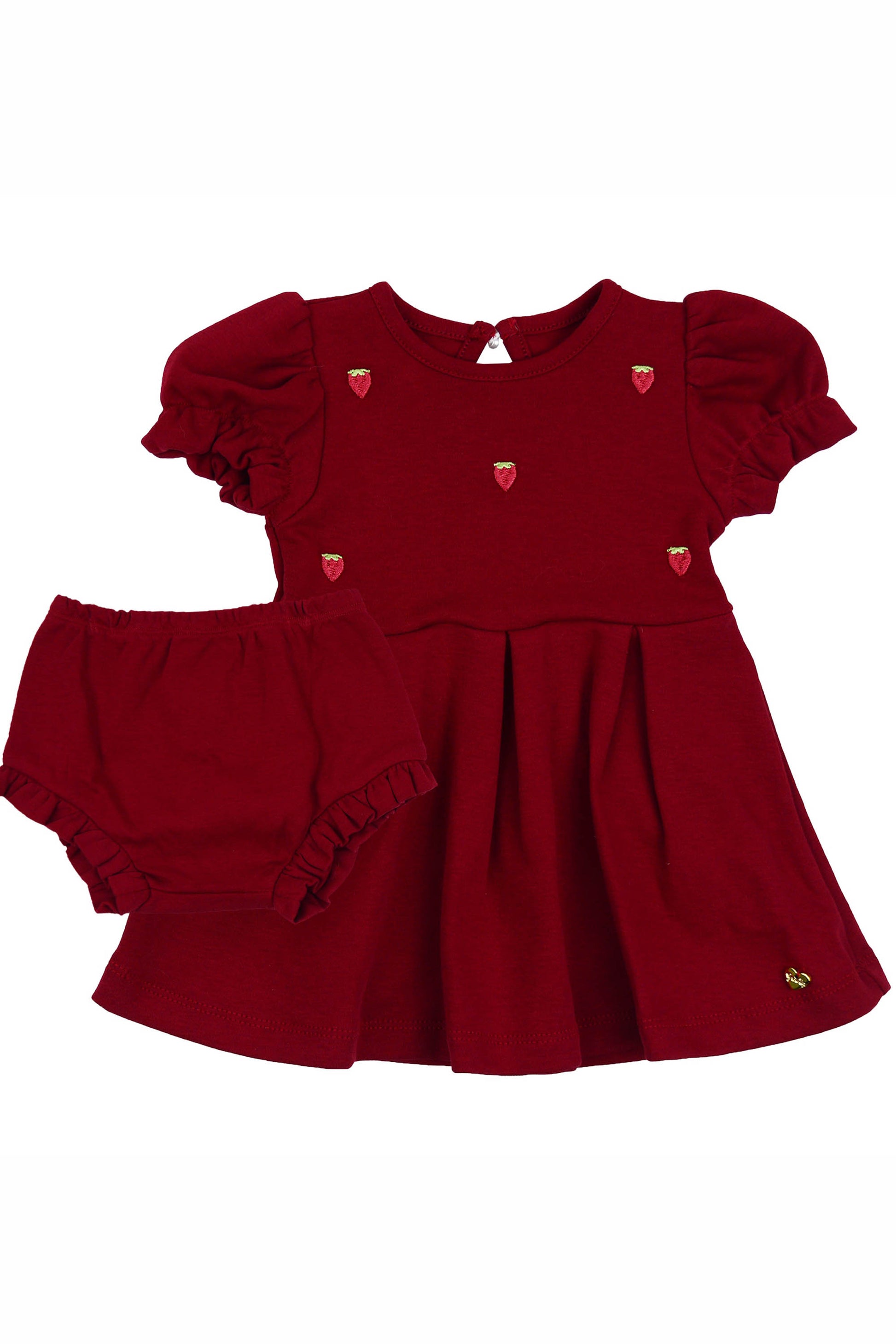Vestido Vermelho Infantil com Bordado de Morangos Suedine 100% Algodão — foto 2