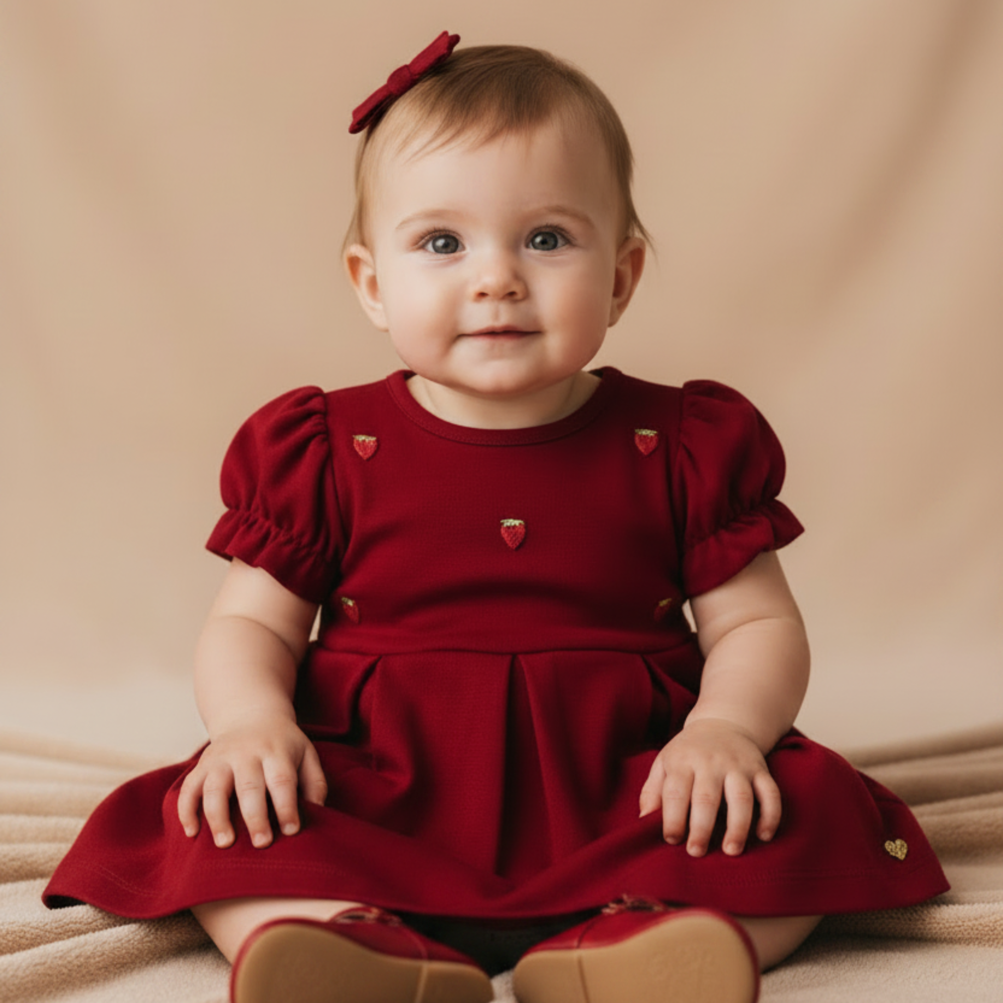 Vestido Vermelho Infantil com Bordado de Morangos Suedine 100% Algodão — foto 1