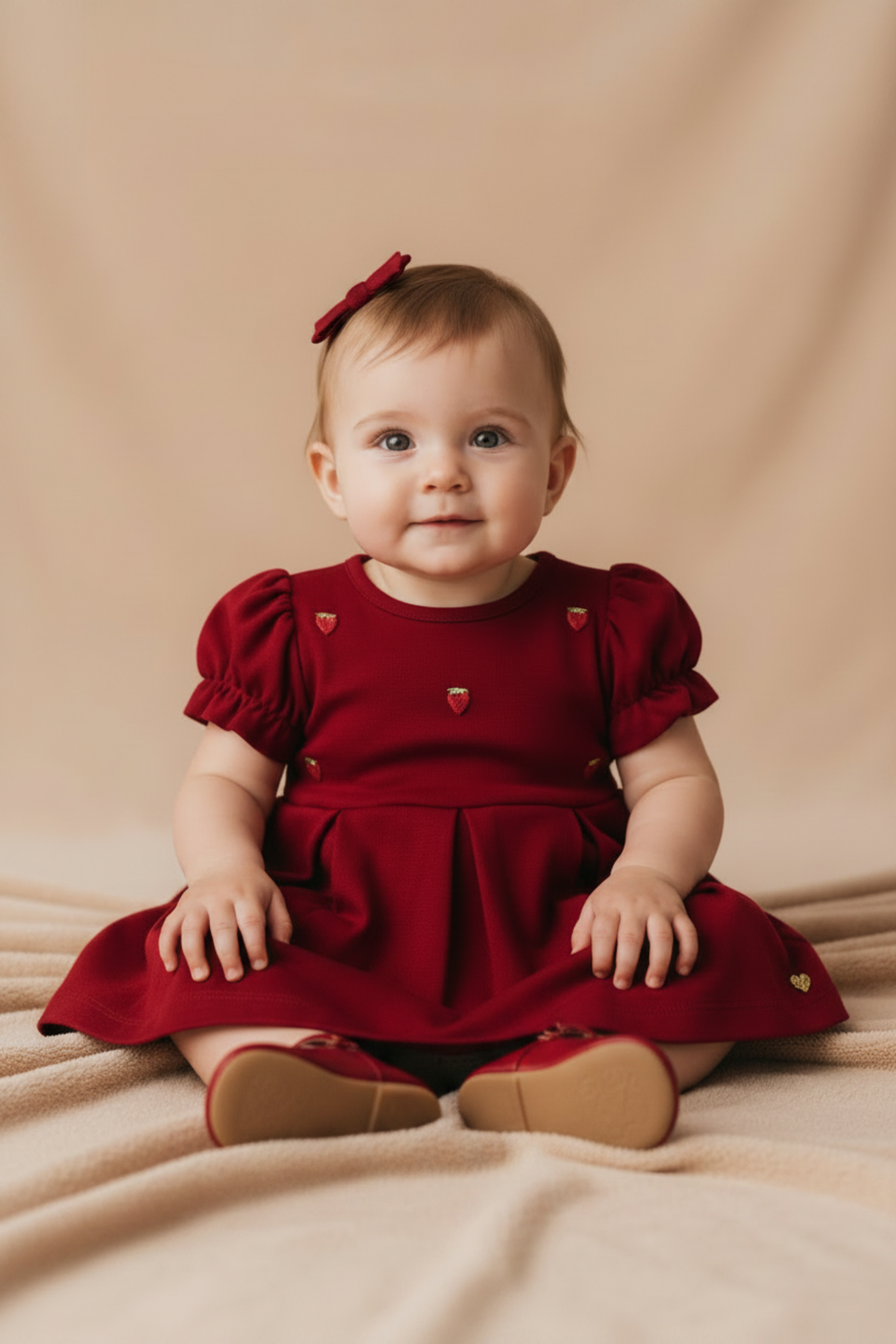 Vestido Vermelho Infantil com Bordado de Morangos Suedine 100% Algodão — foto 1