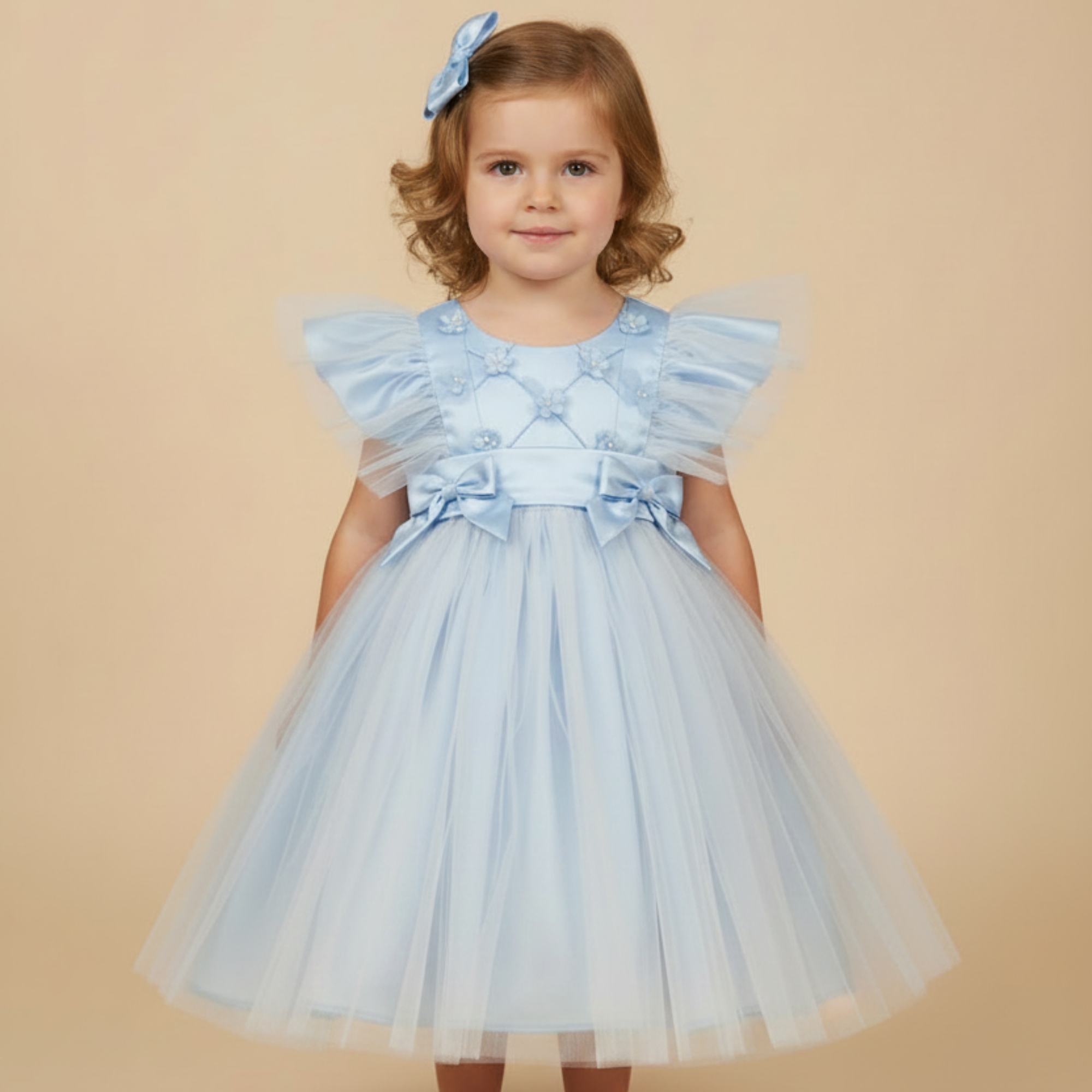 Vestido Infantil Rodado para Festa em Tule Azul com Borboletas — foto 1